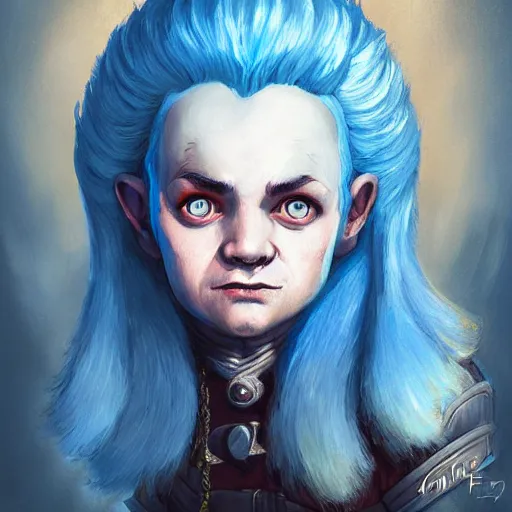 Prompt: blue haired halfling portrait, dandy elegant fop diminutive by anato finnstark, tony sart highly detailed, digital illustration, concept art, distinguished