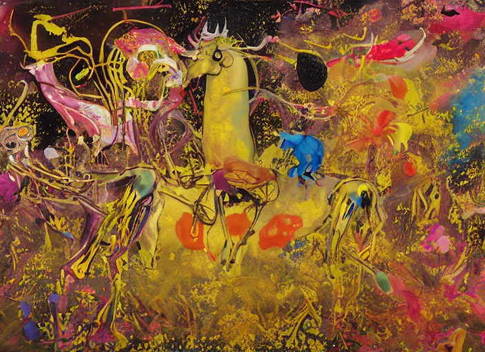 Image similar to expressionistic decollage painting golden armor alien zombie horseman riding on a translucent bone dragon broken rainbow diamond maggot horse in a blossoming meadow full of colorful mushrooms and golden foil toad blobs in a golden sunset, distant forest horizon, painted by Adrian Ghenie, Helen Frankenthaler, Danny Fox and Hilma af Klint, pixelated, semiabstract, color field painting, byzantine art, voxel art, pop art look, naive, outsider art. Mark Rothko painting, part by Philip Guston and Frank Stella art by Barnett Newman, 8k, extreme detail, intricate detail, masterpiece