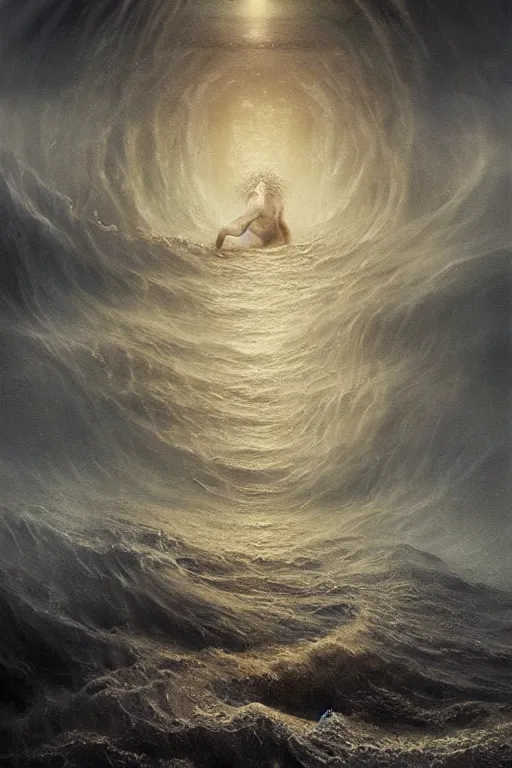 Prompt: Intricate stunning highly detailed water deity emerging from a stormy ocean by agostino arrivabene, Greg Rutkowski , surreal, digital painting, ultra realistic, Horror vacui, beautiful lighting, full moon, thick swirling tornado, artstation