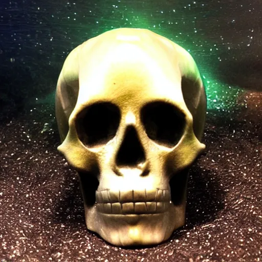 Image similar to glowing obsidian skull in a night jungle underwater