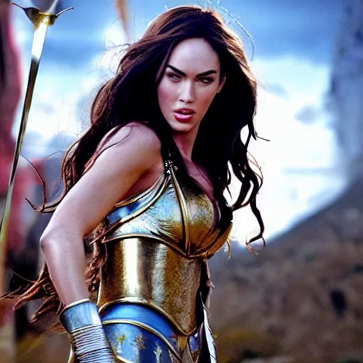 Image similar to megan fox as the greek goddess athena in battle, scene from live action movie