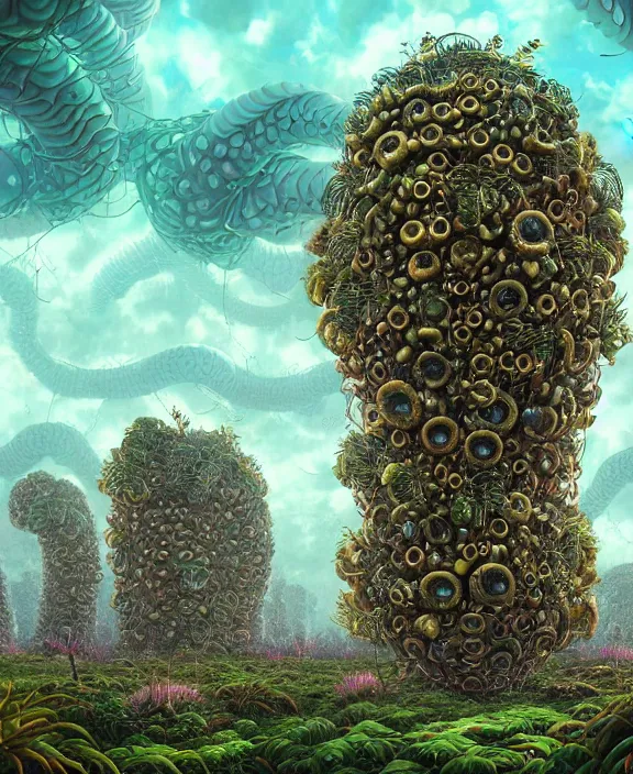 Prompt: a giant weird industrial plant hive made out of isopod dragonflies, in the style of a strange giant asymmetrical fungus, overgrown with disturbing orchids, godbeams, partly cloudy, somber, dramatic lighting, by dan mumford, yusuke murata, makoto shinkai, ross tran, cinematic, unreal engine, cel shaded, featured on artstation, pixiv