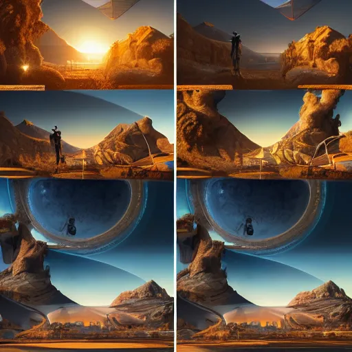 Image similar to a collage of four pictures with a man standing in the middle, a detailed matte painting by senior environment artist, behance, afrofuturism, matte painting, terragen, reimagined by industrial light and magic