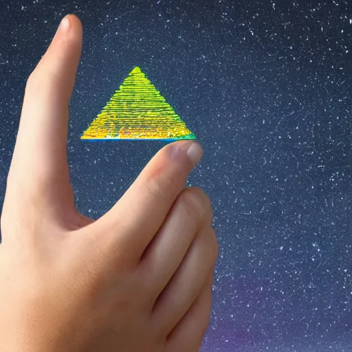 Image similar to an open hand facing up, a tiny glowing pyramid is floating slightly above the palm of the hand