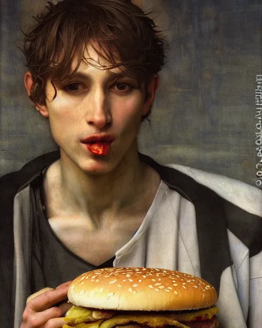 Image similar to saturn devouring his big mac, by edgar maxence and caravaggio and michael whelan, intricate painting, hyper realistic, extremely detailed and beautiful aesthetic face, 8 k resolution