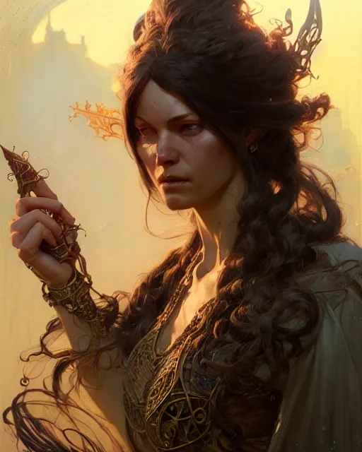 Image similar to woman wizard, fantasy character portrait, ultra realistic, concept art, intricate details, highly detailed by greg rutkowski, gaston bussiere, craig mullins, simon bisley, alphonso mucha