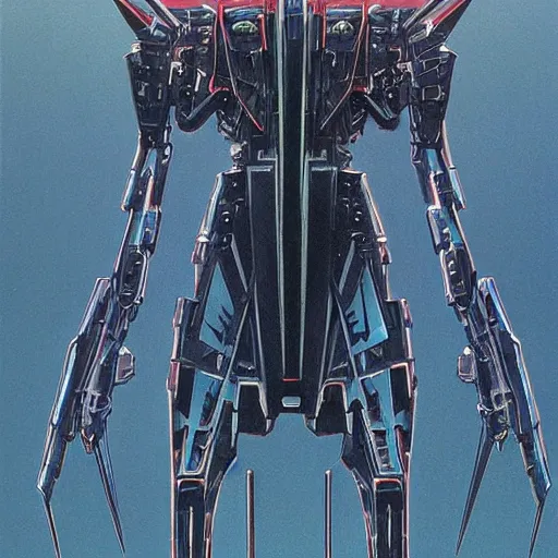 Image similar to a sleek, slender, futuristic symmetrical mecha, defending the vast looming city, designed by hideaki anno, drawn by tsutomu nihei, and painted by zdzislaw beksinski