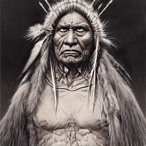 Image similar to Angry Native American Chieftain portrait, dark fantasy, red, artstation painted by Zdzisław Beksiński and Wayne Barlowe
