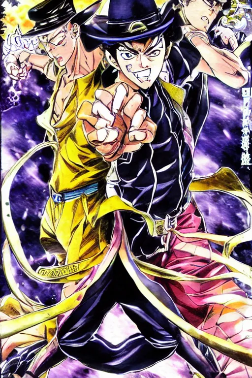 Prompt: manga cover of two characters fighting as a shounen jump cover, jojo's bizarre adventure, jotaro vs dio, art by hirohiko araki, japanese comic book, art by keisuke itagaki, modern fashion outfit, dynamic poses, action poses, muscular characters, watercolor
