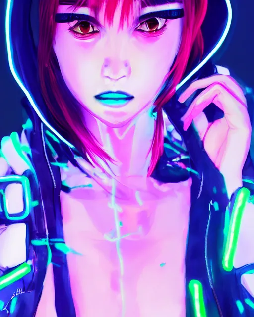 Image similar to a cyberpunk girl wearing neon hoodie, chrome, neon light, japan, perfect face, high detailed, realistic, preatty face, asian, long hair, cyberpunk, geisha, arcane style, 3 d mix with 2 d