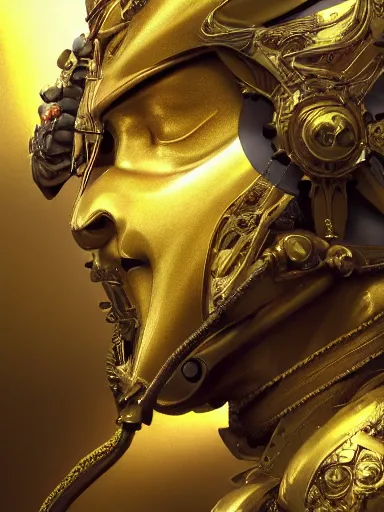 Image similar to portrait of yellow angel king head wearing shiny yellow medieval helmet, subtle light accents, hyper details, black metal rococo, sculpted by Alex Alice, Craig Mullins, yoji shinkawa, trending on artstation, beautifully lit, Peter mohrbacher, hyper detailed, insane details, intricate, elite, elegant, luxury, ray of light through smoke, CGsociety, hypermaximalist, golden ratio, volumetric, octane render, weta digital, micro details, 3d sculpture