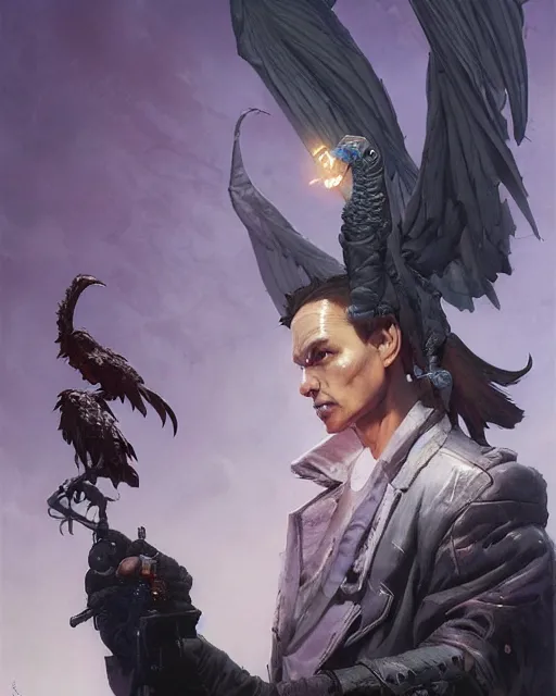 Image similar to beautiful fantasy character portrait, vulture, wearing oversized black trench coat, ultra realistic, wide angle, dramatic lighting, vultures, cyberpunk artifacts, highly detailed by peter mohrbacher, hajime sorayama, wayne barlowe, boris vallejo, aaron horkey, gaston bussiere, craig mullins