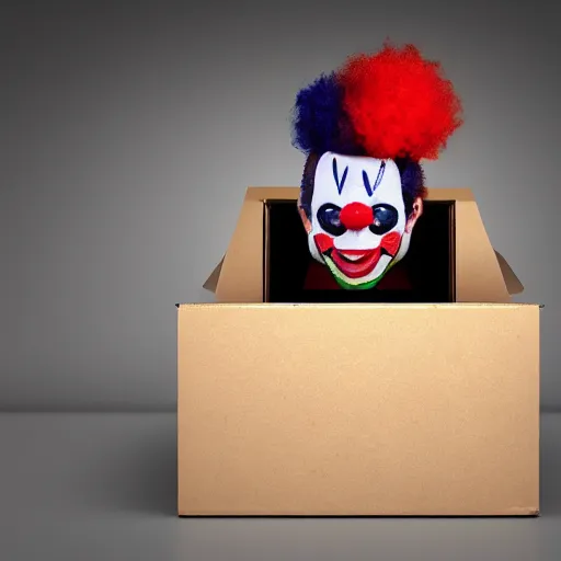 Prompt: a cardboard box opened up with a clown face popping out of it, realistic, the name wbnl on it