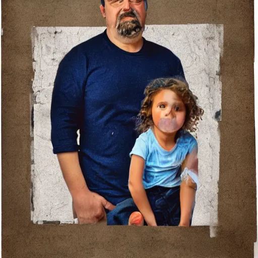Prompt: half-lenght portrait of a father with child. mixed media collage, matte paper, pastel tones. matte background. 8x