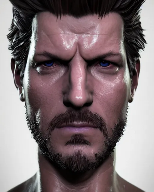 Image similar to solid snake bust portrait, cinematic lighting, backlit face, tired expression, close - up, black atmospheric background, 4 k ultra detailed photorealistic render, best of artstation hdr, redshift houdini