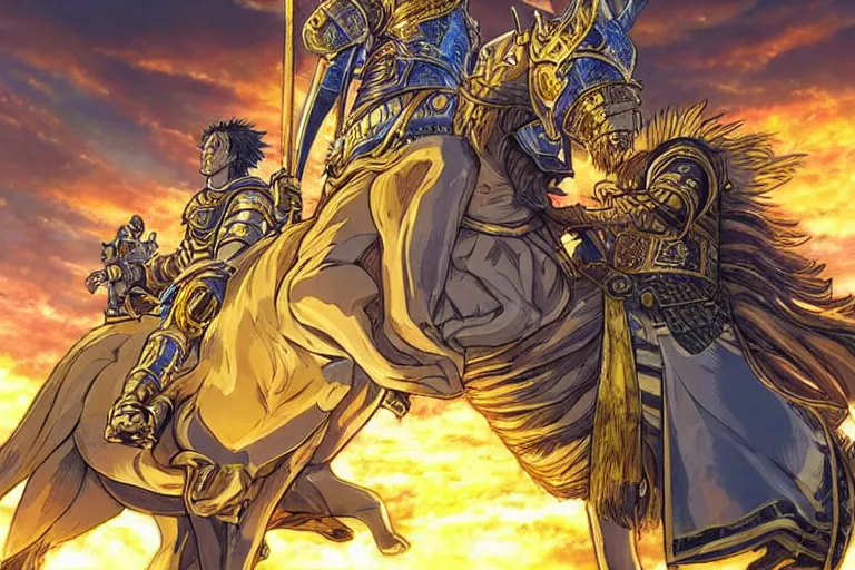 Image similar to an ultra detailed portrait of king richard the lionhearted as a shonen anime protagonist charing into battle wearing bright gold armor and riding a horse bless by god, 8 k, volumetric lighting, art by kentaro miura and akira toriyama