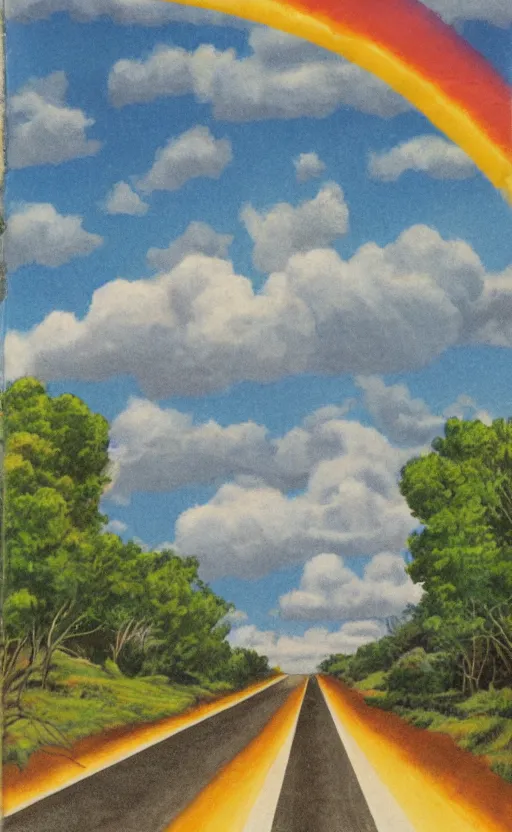 Image similar to paperback book cover. 1 9 8 0 s. pure colors, melting clouds, accurately drawn details, a sunburst above a receding road with the light reflected in furrows and ruts, after rain. and no girls.