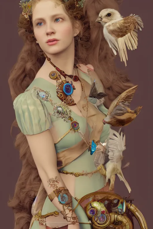 Image similar to face 3 d render of english princess holding birds, ornaments, mucha vibe, dieselpunk, solarpunk, artstation