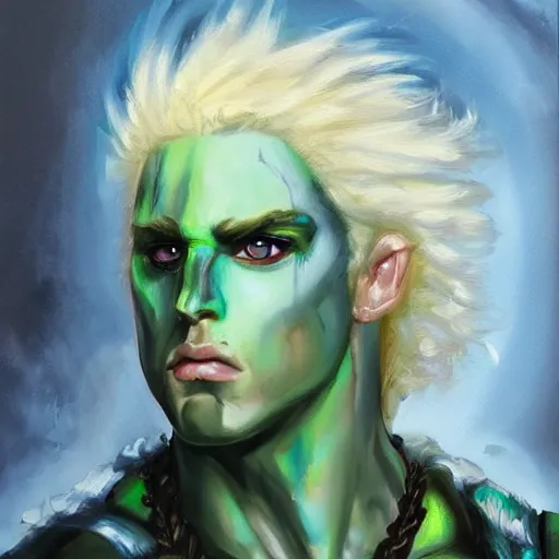Prompt: oil painting of a beautiful platinum blond curly haired barbarian male with heterochromia one blue eye one green eye d & d fantasy concept art