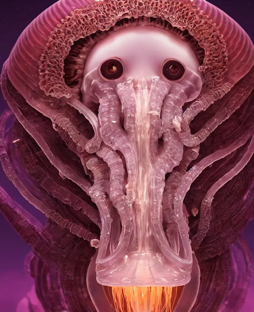 Image similar to goddess princess face close-up portrait ram skull. jellyfish phoenix head, nautilus, orchid, skull, betta fish, bioluminiscent creatures, intricate artwork by Tooth Wu and wlop and beeple. octane render, trending on artstation, greg rutkowski very coherent symmetrical artwork. cinematic, hyper realism, high detail, octane render, 8k