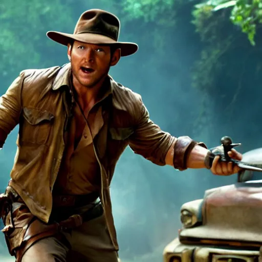 Image similar to still from the Indiana Jones movie with chris pratt, award-winning cinematography, 4k