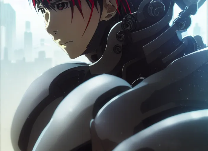 Image similar to a anime portrait of a cyborg ninja, finely detailed features, closeup at the face, sharp focus, perfect art, city background, cinematic lighting, intricate, anime, illustration, artstation, trending on pixiv fanbox, painted by greg rutkowski, studio ghibli, yoji shinkawa, hayao miyazaki, 4 k,