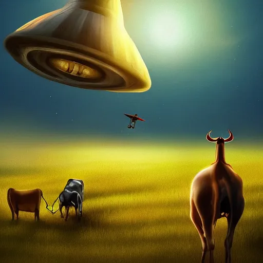 Image similar to digital art painting of a UFO abducting a cow in an empty field, mysterious, sci fi, alien, extraterrestrial, trending on artstation cgsociety,