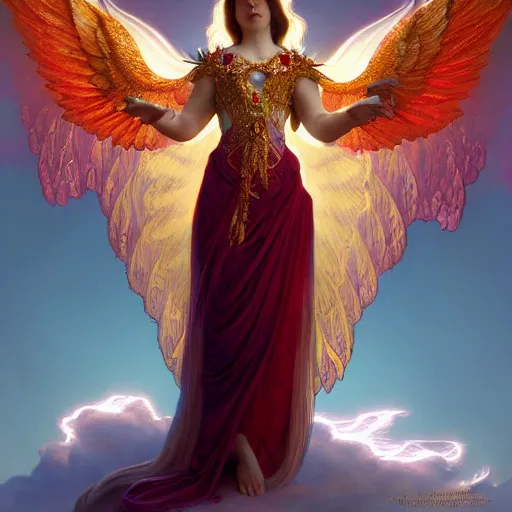 Image similar to a beautiful orchid phoenix angel woman, in an ornamented dress with large wings, volumetric light, god rays, 8 k high resolution, rubies, by greg rutkowski, alphonse mucha, artgerm,