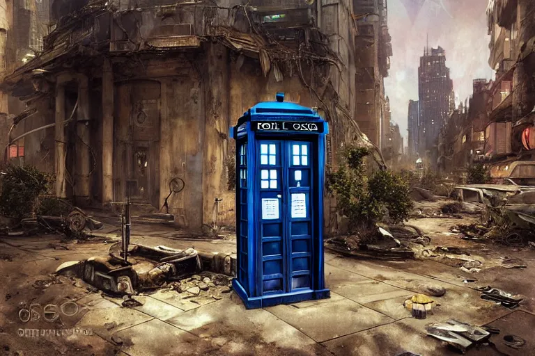 Image similar to photograph of a single tardis sat on the streets of a cyberpunk abandoned city, by greg rutkowski, by stanley artgerm, by alphonse mucha