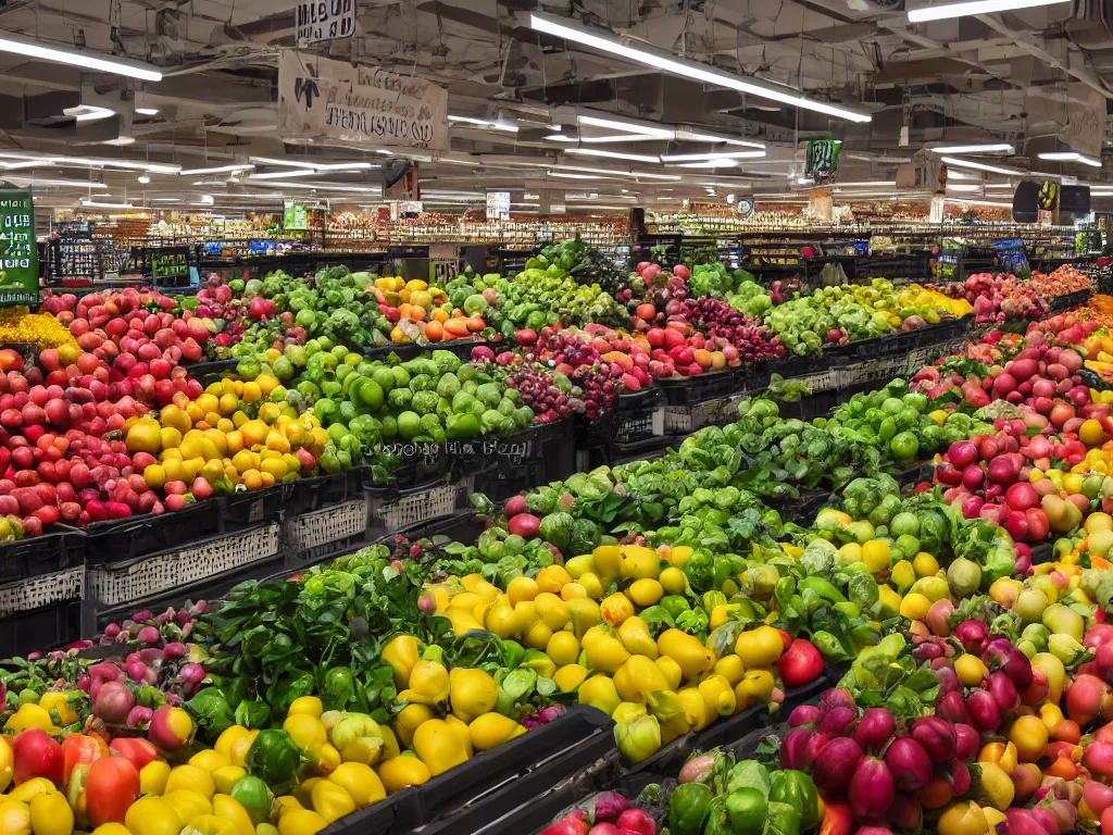 Prompt: produce department in a grocery store, highly detailed, high quality, HD, 4k, 8k, Canon 300mm, professional photographer, 40mp, lifelike, top-rated, award winning, realistic, sharp, no blur, edited, corrected, trending