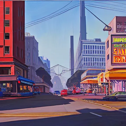 Prompt: Market Street, San Francisco; oil on canvas by Klaus Bürgle and Imperial Boy and Simon Stålenhag; Redwood covered natural city future dream world-H 740