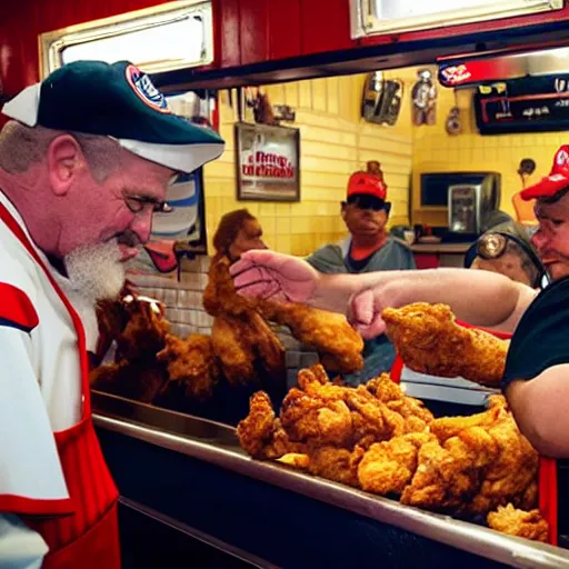 Prompt: a photograph of a reallife popeye the sailor man handing fried chicken to a customer at a popeye's chicken restaurant. he is behind the counter wearing a uniform