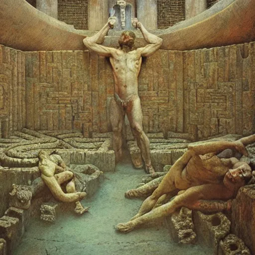 Image similar to theseus in the labyrinth, extra detailed, photorealistic, oil painting by beksinski and dore