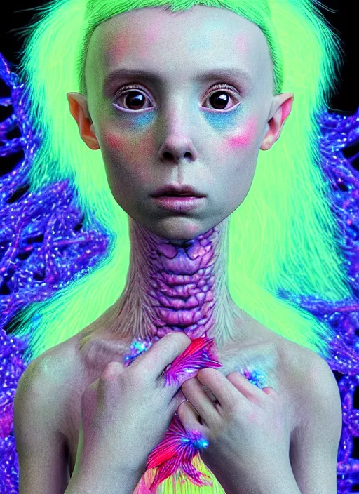Prompt: hyper detailed 3d render like a Oil painting - kawaii portrait Aurora (a girl with skin like a skeksis from dark crystal that looks like millie bobby brown and Krysten Ritter) seen Eating of the Strangling network of yellowcake aerochrome and milky Fruit and His delicate Hands hold of gossamer polyp blossoms bring iridescent fungal flowers whose spores black the foolish stars by Jacek Yerka, Ilya Kuvshinov, Mariusz Lewandowski, Houdini algorithmic generative render, Abstract brush strokes, Masterpiece, Edward Hopper and James Gilleard, Zdzislaw Beksinski, Mark Ryden, Wolfgang Lettl, hints of Yayoi Kasuma, octane render, 8k