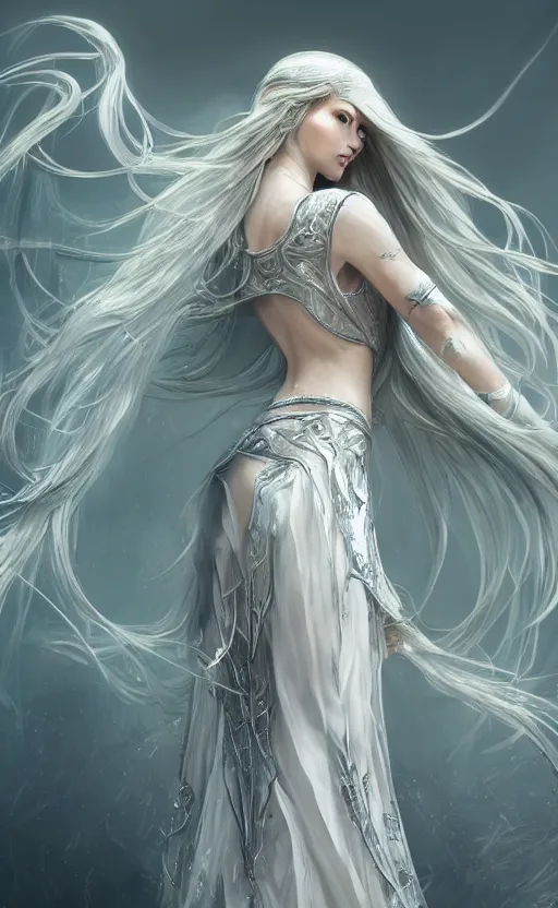 Image similar to an elven woman with long, silver hair cascading down her back. she has delicate, angular features and piercing blue eyes. she's clad in a flowing white dress with intricate silver embroidery, dynamic lighting, photorealistic fantasy concept art, trending on art station, stunning visuals, creative cinematic, ultra detailed