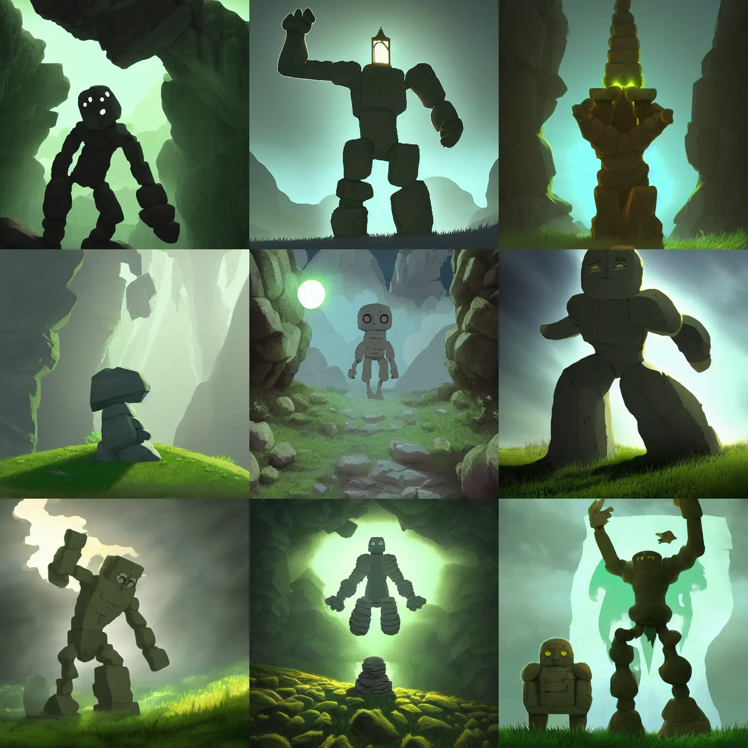 Prompt: stone golem - spirit throws stone, in a gentle green dawn light, studio ghibli, clean cel shaded vector art, cinematic lighting, volumetric lighting, smooth, sharp focus, highly detailed, render in unreal engine 5, artstation, deviantart, behance, trending, epic composition, octane, light rays, award - winning