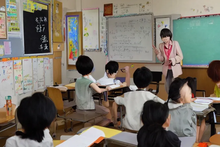 8 0 year old female teacher is teaching in classroom Stable