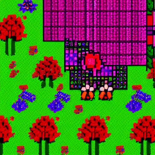 Image similar to overdetailed pixel art of a big flower on a beautiful meadow in the middle of a clearing of a forest, hd, cinematic