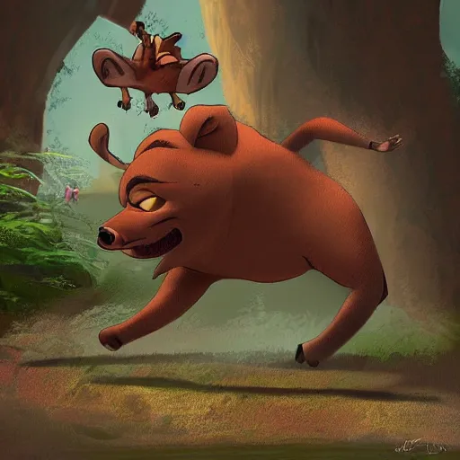 Image similar to a fight between Timon and Pumba, digital art, epic