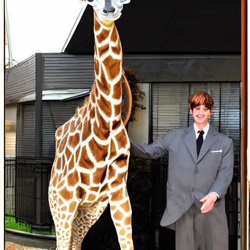 Image similar to a giraffe dressed as a butler