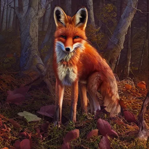 Prompt: Portrait of a Fox in a burning forest, badget and rabbits in the background, farthing wood, fantasy, high detail, elegant, digital painting, natural light, vibrant, intricate, textured skin, highly detailed, artstation, sharp, focus, illustration, by Anna Dittmann, Ilya Kuvshinov, Nikolay Makovsky