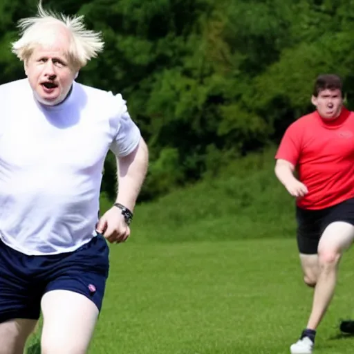 Image similar to Photo of Boris Johnson running, wearing a white t shirt and red shorts with a design of white flowers on them, sweaty