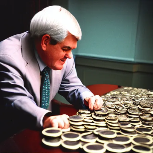Prompt: Former House Speaker Newt Gingrich counting coins. CineStill