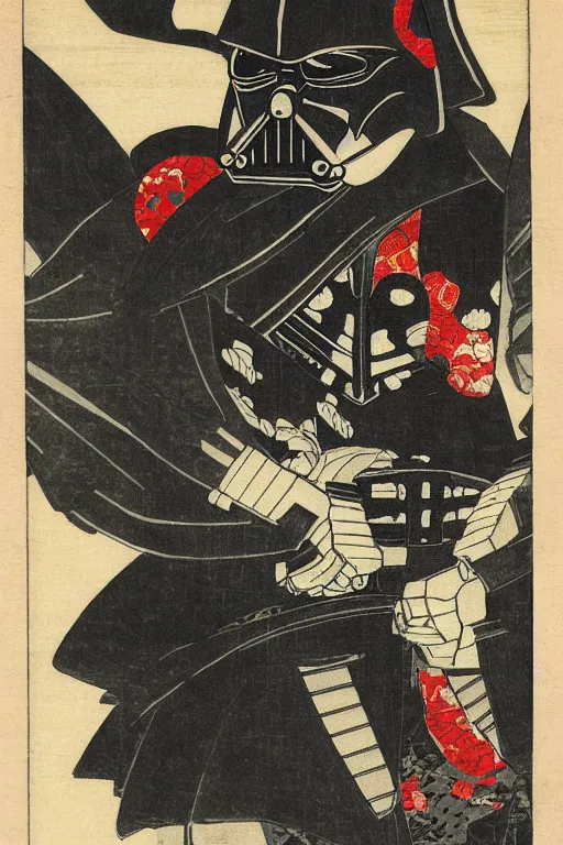 Prompt: Japanese woodblock print of Darth Vader as a samurai , Hokusai