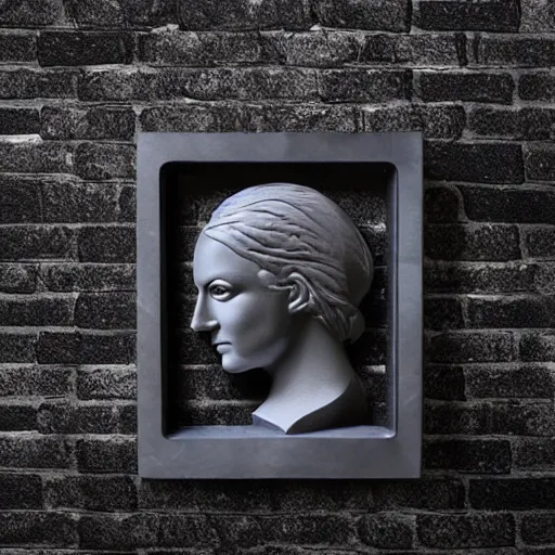 Image similar to three dimensional illusion portrait sticking out of a wall. black marble. cast iron. human. candle light