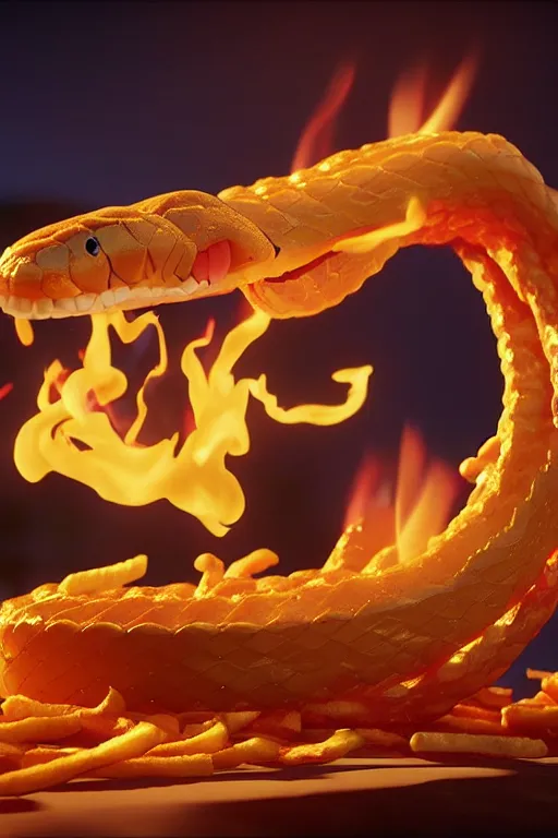 Prompt: a 3d rendered snake spitting fire made of french fries in a mc donalds commercial, 4k sharp, 3d render , cinema4d by Beeple and pixar