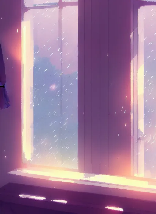 Image similar to [ background ] interior, near the window, rainy outside, illustration concept art anime key visual trending pixiv fanbox by wlop and greg rutkowski and makoto shinkai and studio ghibli