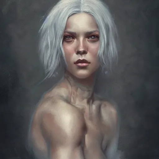 Image similar to painting of a beautiful grey haired girl with muscles, by tom bagshaw, greg rutkowski, wlop