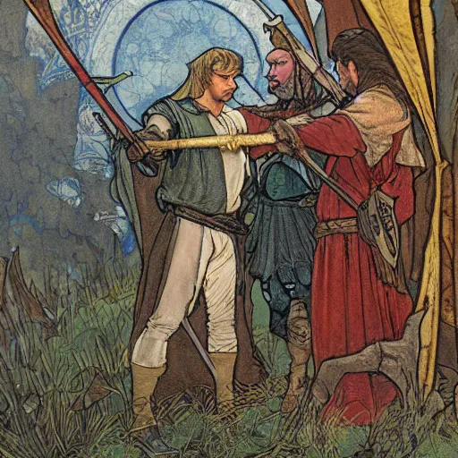 Image similar to robin hood meeting king arthur in the style of howard pyle, arthur rackham, alphonse mucha. volumetric lighting. 8 k resolution. best detail. trending on artstation trending on deviantart