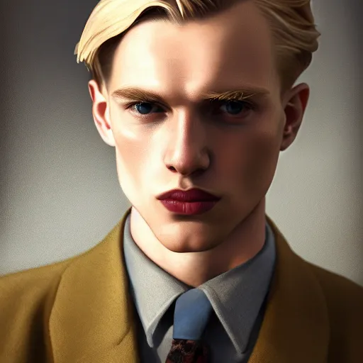 Image similar to A videogame portrait of a blond young Irish man with high cheekbones. Good bone structure. Dressed in 1940s style. Highly detailed, fine Art, high detail, great lighting, 8k resolution, masterpiece, concept art, illustration, clear eyes, painting oil on canvas, octane render, HDR, trending on artstation, 4k, 8k, HD